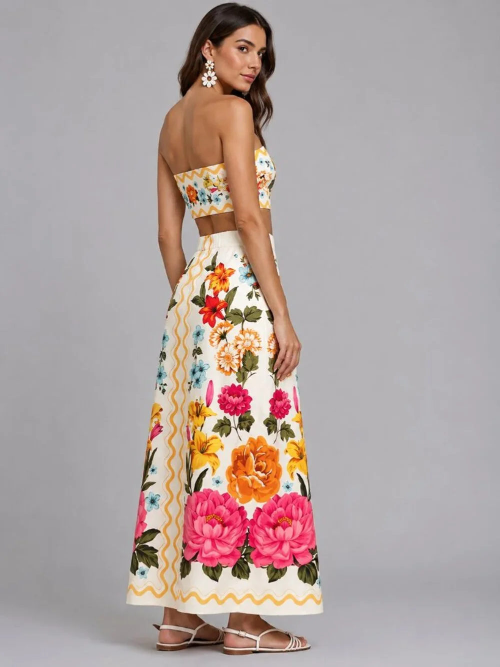 Women’s Boho Floral Strapless Crop Top & Maxi Skirt 2 Piece Vacation Set - Picture 2 of 6